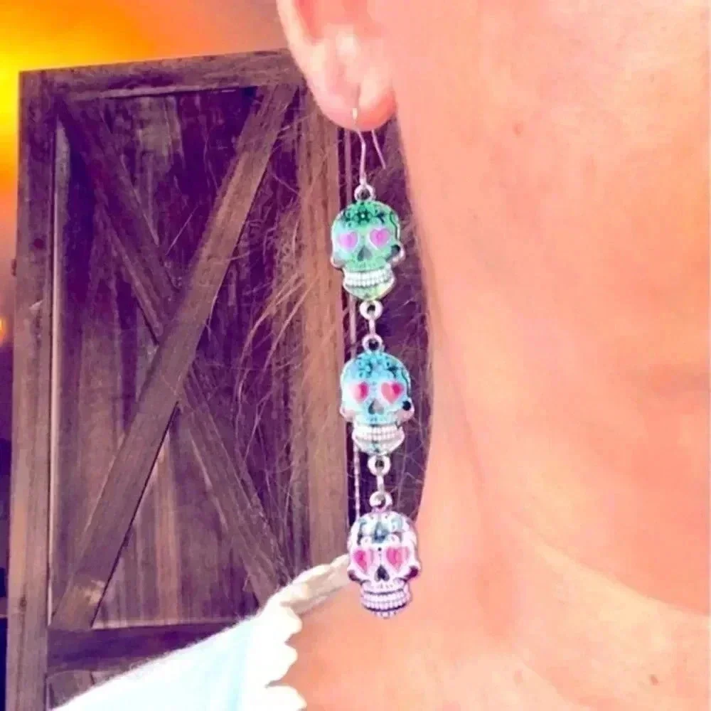 Sugar Skull Dia de los Muertos Mixed Style Drop Earrings Handmade